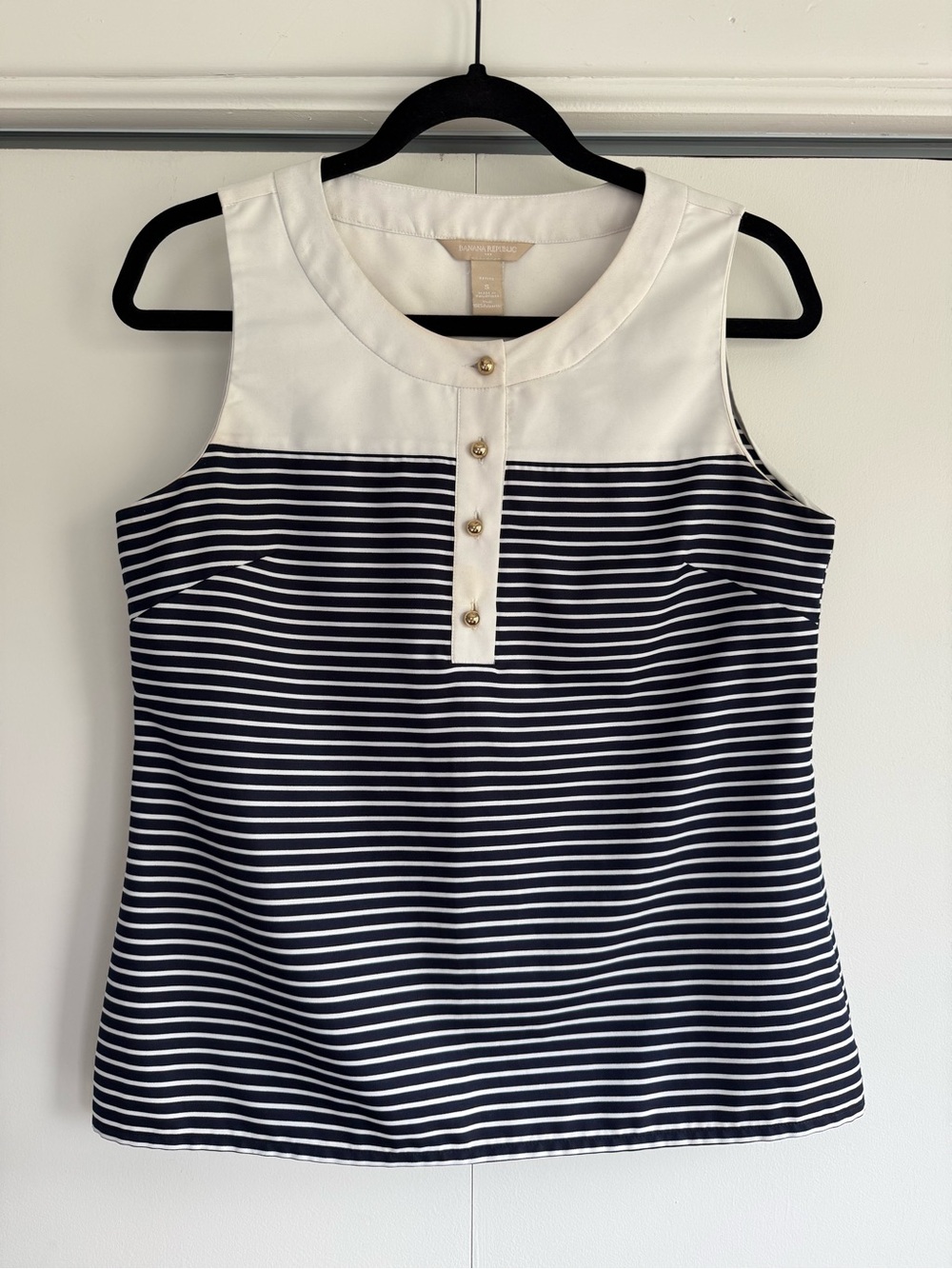 Banana Republic Petite Navy Stripe Colorblock Top SP Gold Buttons